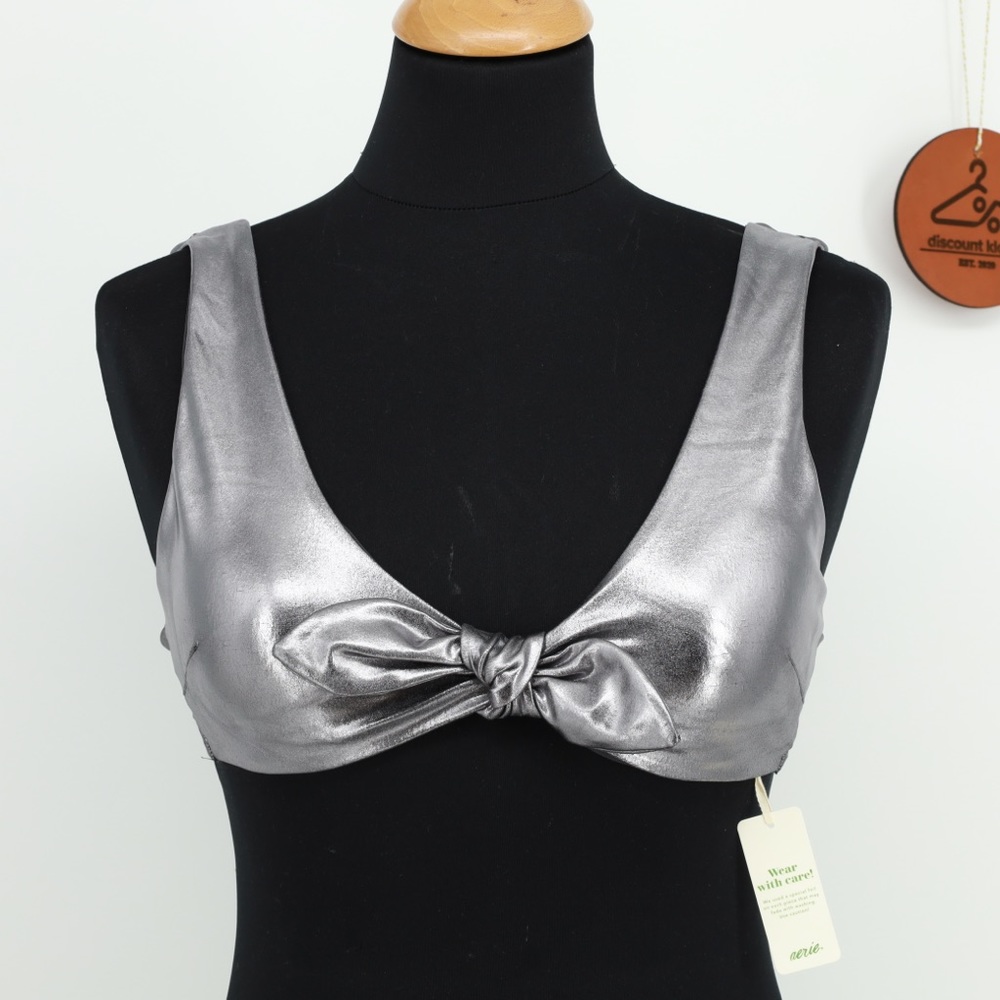 Aerie Silver Metallic Foil‎ Scoop Neck Bow Bikini Top Size Small Beach Vacation